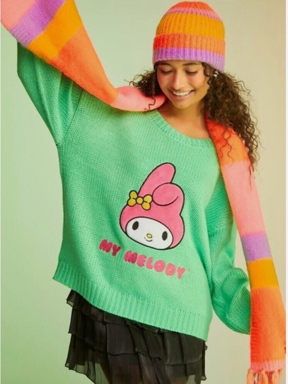 FOREVER 21 Hello Kitty & Friends My Melody Graphic Sweater Green Knit Fits M-XL